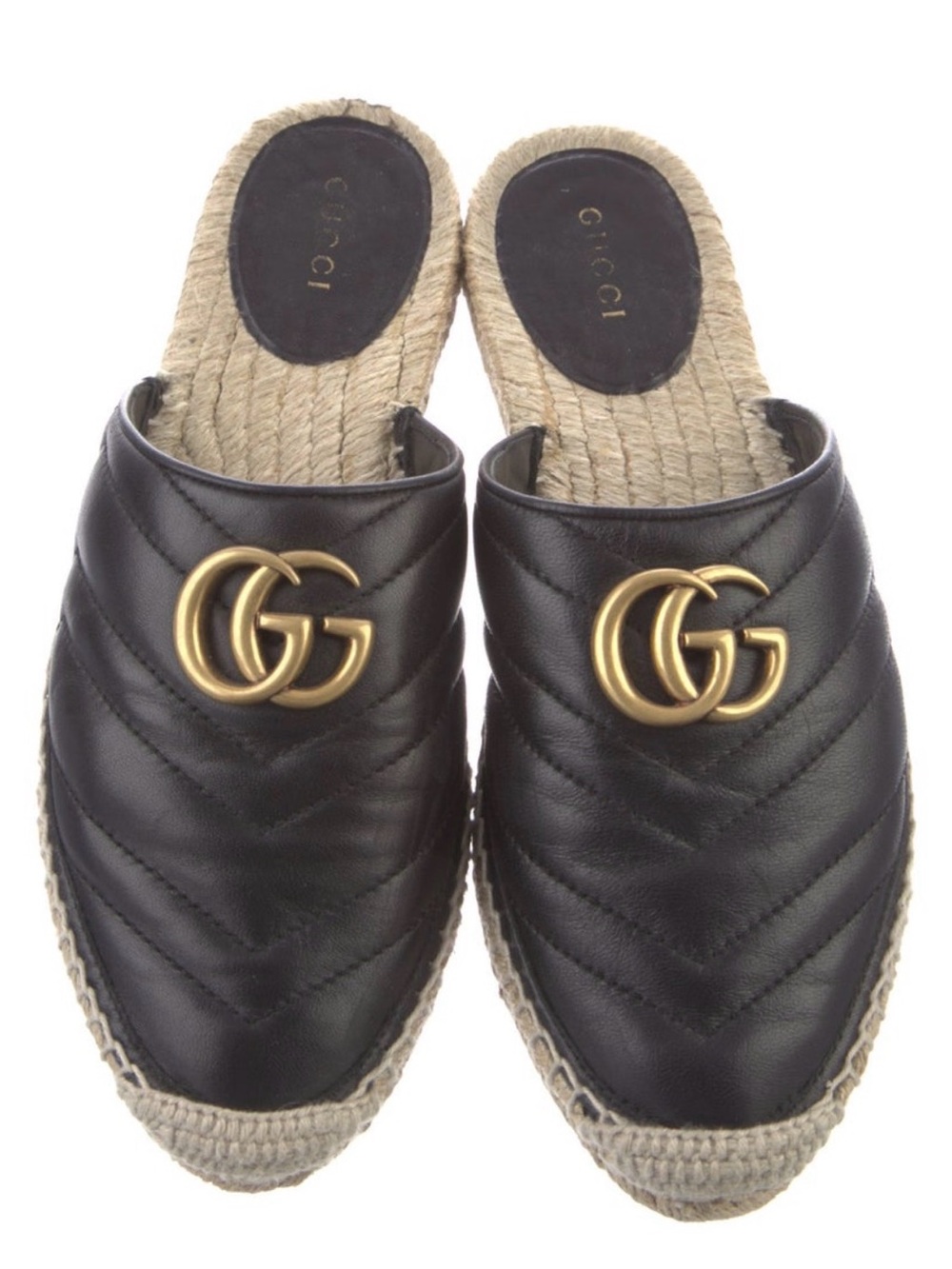 Gucci Black Quilted Leather GG Espadrille Mules with Gold Hardware